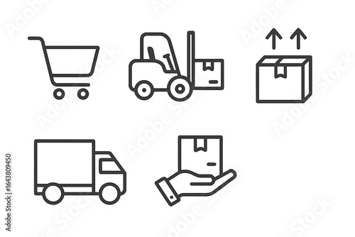 Icons representing logistics and transportation activities in a commercial environment during daytime operations