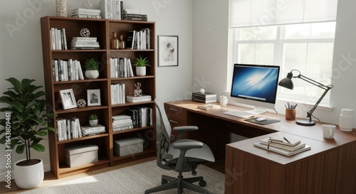 Wallpaper Mural A well-lit home office showcasing a desk, bookshelf, and comfortable chair, ready for work. Torontodigital.ca