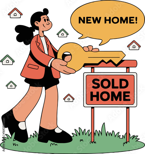 A woman holding a large key standing next to a sold home sign with houses in the background art style