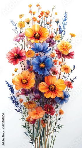 Watercolor Floral Bouquet with Blue and Orange Flowers.