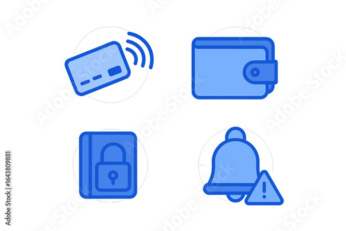 Digital security icons representing contactless payment, wallet protection, privacy, and alert notifications for safety