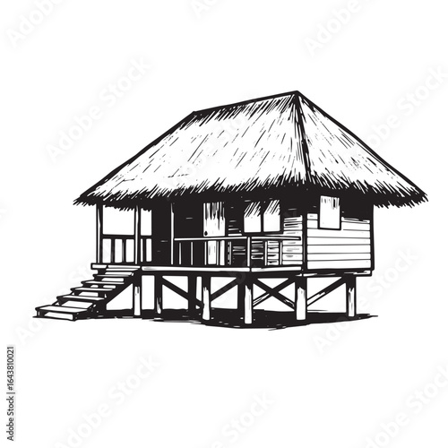 Hand drawn illustration of a tropical stilt house with a thatched roof on a white background