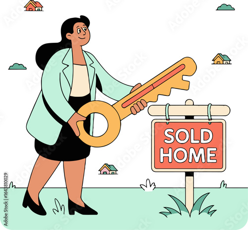 Woman holding a large key next to a sold home sign in a yard with houses in the background illustration