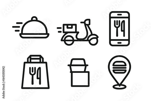 Digital delivery icons represent food transport and ordering apps for modern dining experiences
