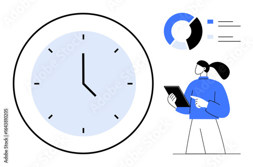 Large clock, professional reviewing data on tablet, pie chart. Ideal for time management, productivity, project planning, workflow analysis, team coordination, data visualization simple landing page