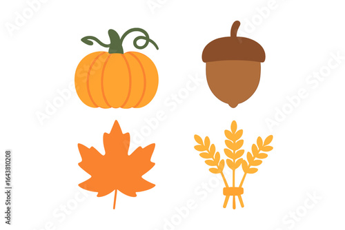 Colorful autumn harvest elements including pumpkin, acorn, maple leaf, and wheat bundle