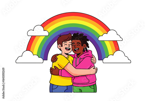 Two friends embracing under a rainbow, surrounded by fluffy clouds. Suitable for friendship, love, positivity, or lgbtq concepts.