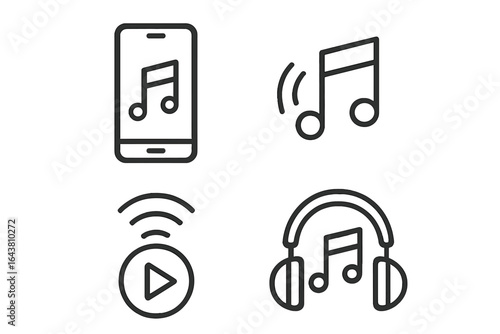 Illustration of music-related icons including a smartphone, music notes, a play button, and headphones