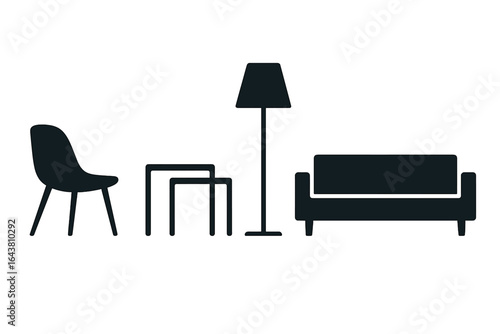 Modern furniture arrangement featuring stylish chair, table, lamp, and sofa in a minimalistic living space