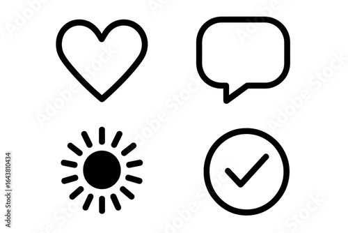 Simple black icons representing heart, speech bubble, sun, and check mark on a white background