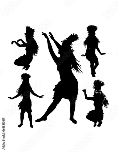 Tahitian hula dancing performance, female traditional dancer pose silhouette