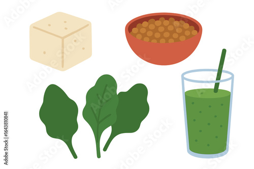 Healthy meal ingredients featuring tofu, lentils, leafy greens, and a green smoothie