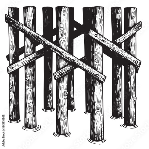 Hand drawn illustration of weathered wooden pier structure over calm water in monochrome style.