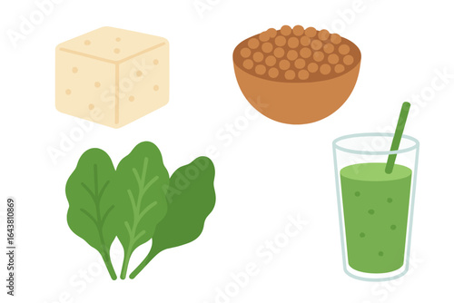 Healthy meal ingredients featuring tofu, lentils, spinach, and a green smoothie prepared in a bright kitchen setting