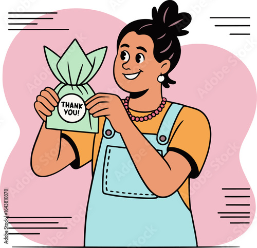 Woman holding a thank you gift bag with a smile in front of a pink background with horizontal lines