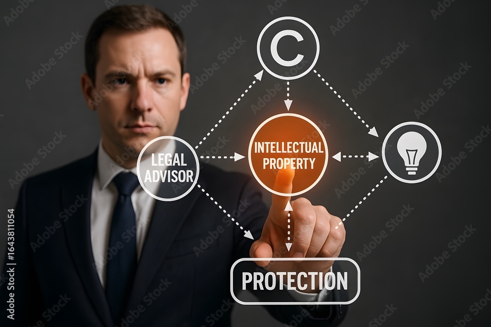 A man in a suit interacts with a graphic related to intellectual property, highlighting the concepts of copyright, ideas, legal advice, and protection. A man in a suit interacts with a graphic related to intellectual property, highlighting the concepts of copyright, ideas, legal advice, and protection.