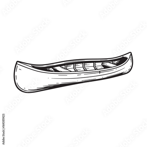 Hand drawn vintage canoe illustration in black and white isolated on white background.