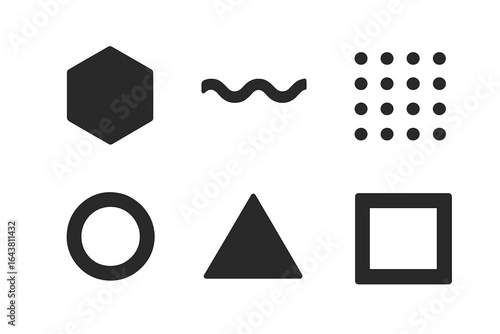 Collection of geometric shapes including hexagon, wave, dots, circle, triangle, and square on a plain background