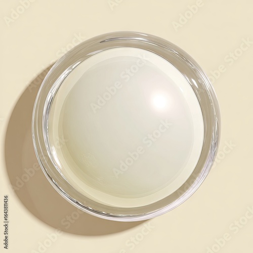 Overhead shot of a creamy, off-white sphere nestled within a clear, double-ringed container, casting a soft shadow on a pale yellow background.  The sphere's surface reflects a subtle highlight