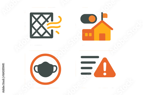 Design elements representing air quality, home safety, and health regulations with icons for filters, houses, masks, and warnings