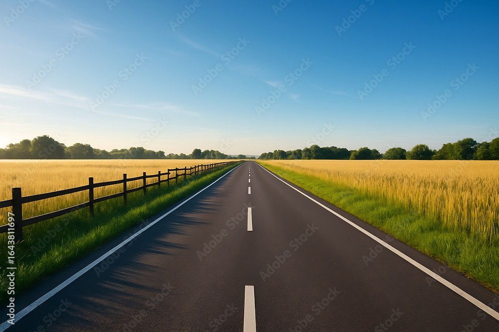 Fototapeta premium Empty country road with wooden fence and wheat fields under blue morning sky