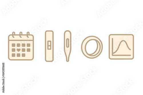Health tracking tools including calendar, testing device, thermometer, ring, and graph illustration for wellness monitoring