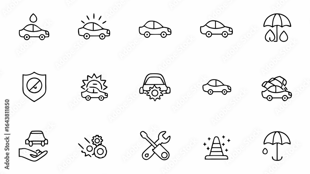 Fototapeta premium Car Insurance Line Art Collection – Clean Outlined Auto Protection Symbols