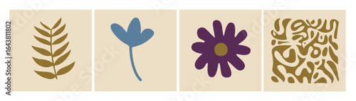 Conjunto de cuatro ilustraciones florales minimalistas. Diseños botánicos abstractos, estilo dibujado a mano.