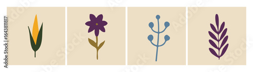 Ilustraciones minimalistas de flores y hojas. Conjunto de diseño abstracto dibujado a mano.