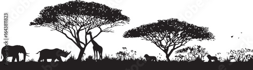 African savanna landscape with acacia trees and wildlife silhouette