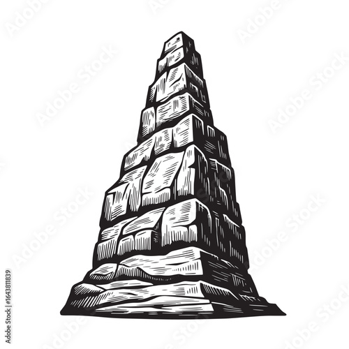 Hand-drawn illustration of a tall stone structure resembling a monument or rock formation