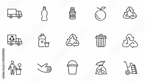 City Recycling Process Line Art – Outline of Recycling Truck, Plastic Bottle, Glass Jar, Soda Can, Cardboard Box, Recycling Arrows, Trash Bag, Dumpster, Gloves, and Person Collecting Waste