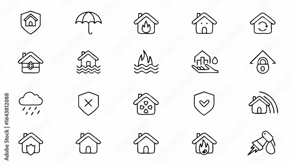Fototapeta premium Home Insurance Line Art Set – Minimal House Protection Outline Designs