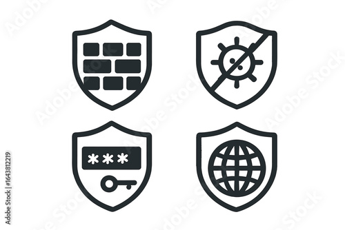 Security icons representing protection, cybersecurity, and defense across digital platforms and networks
