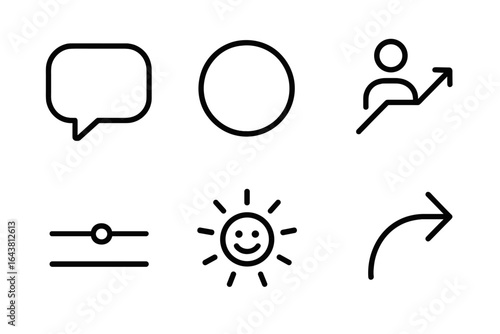 Collection of simple line icons representing communication, growth, settings, and positivity in a minimalistic style