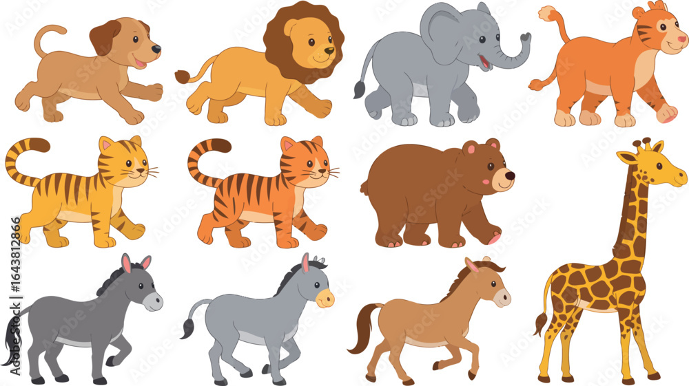 Fototapeta premium A Colorful Collection of Playful and Adorable Cartoon Wild Animals for Design