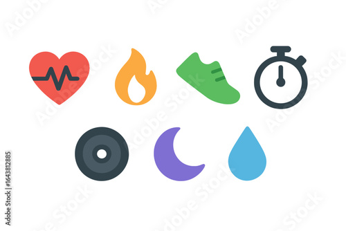 Symbols representing health, fitness, and wellness activities in a colorful, minimalist design suitable for various applications
