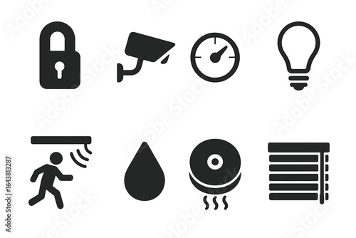 Icons representing security and monitoring systems in a modern home setting