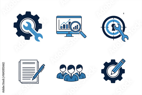 Blue and dark blue icons for business analysis and teamwork on white background strategy planning