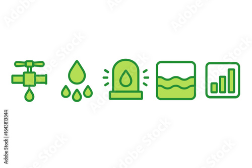 Various green icons representing water management concepts related to conservation, monitoring, and treatment systems