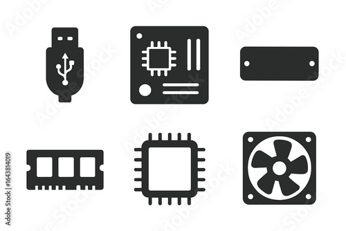 Collection of black silhouettes representing computer hardware components and accessories