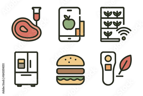 Various food and technology icons representing modern culinary experiences and smart kitchen devices for meal preparation