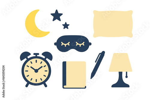 Decorative symbols representing bedtime routine with stars, moon, alarm clock, lamp, pillow, and sleep mask for serene atmosphere
