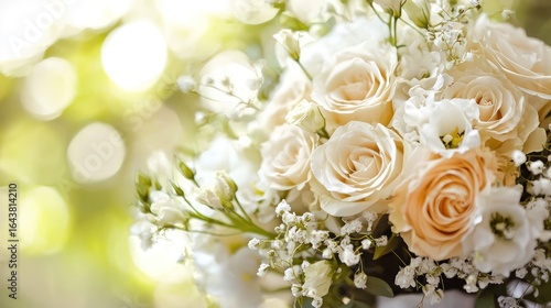 A beautiful bouquet of white roses and baby's breath with green leaves against a blurred green background.