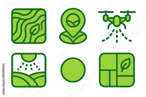Modern icons depicting sustainable agriculture and drone technology for crop monitoring and irrigation strategies in an ecological setting