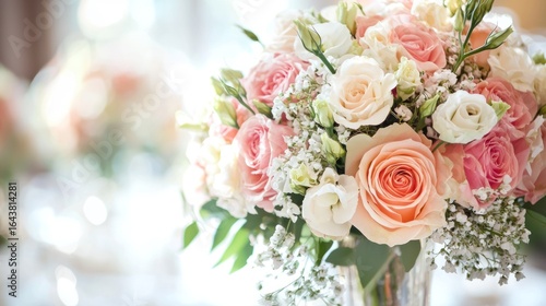 A beautiful bouquet of pink and white roses with green leaves and baby's breath in a clear vase on a table with a blurred background.
