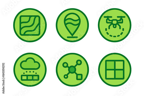 Green icons representing various technology and environmental concepts related to mapping, drones, and data collection
