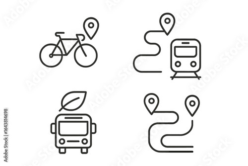 Travel options and transportation modes represented with simple line icons featuring a bicycle, bus, and train