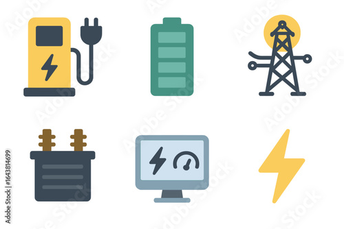 Energy icons representing electric vehicles, batteries, power sources, and monitoring systems in a modern setting