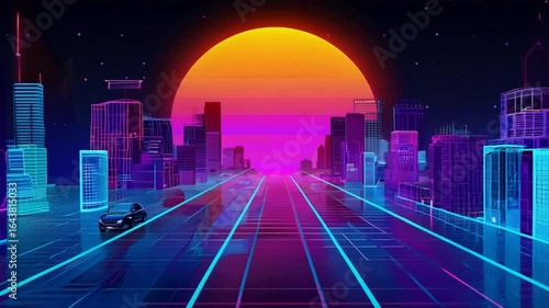 3D render animation loop of a neon-lit cityscape at night in 80s retro synthwave style. The skyline features tall, sleek